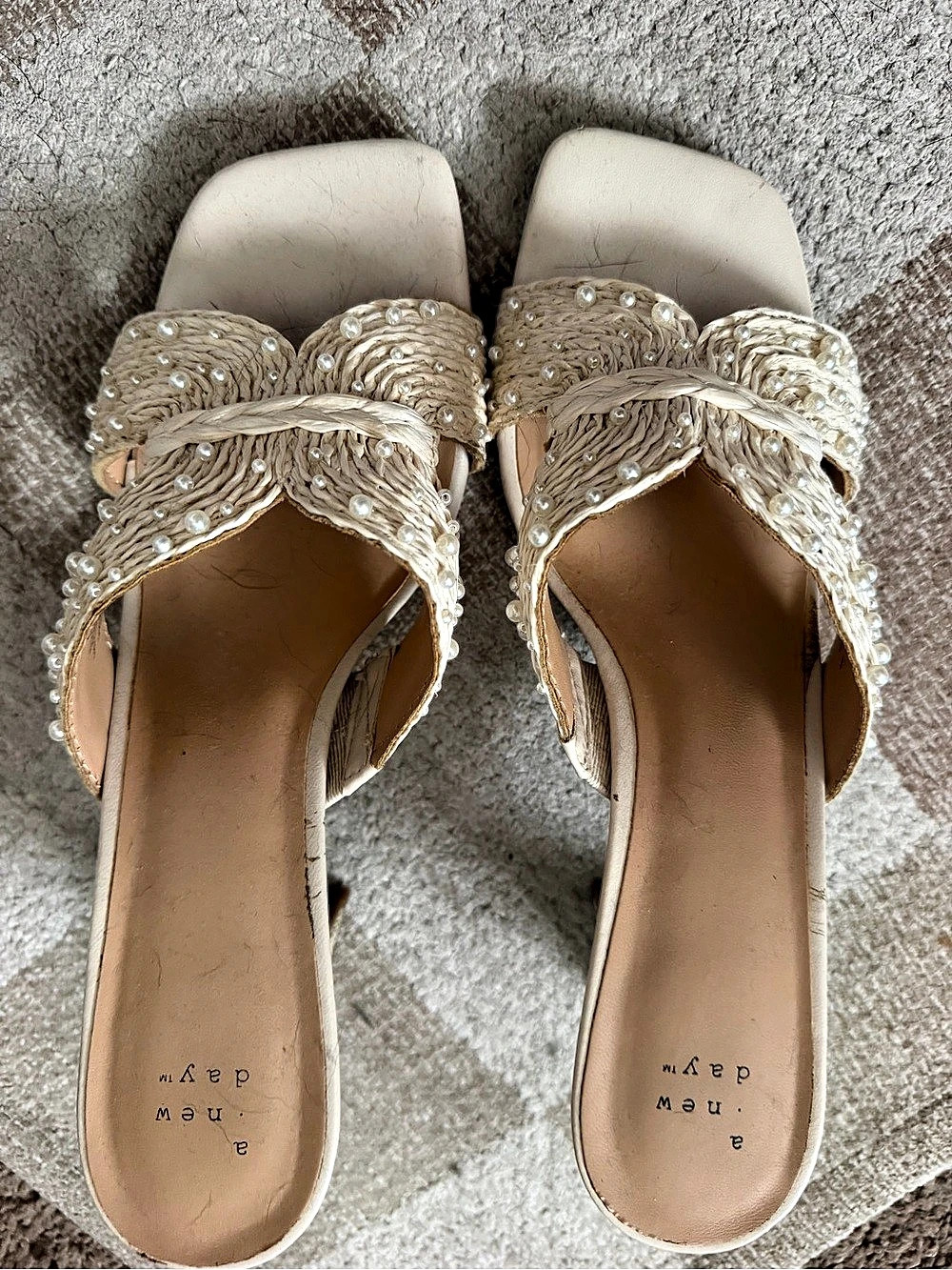 A New Day Audra Mule Heels Embellished Block Heel Mules in Beige